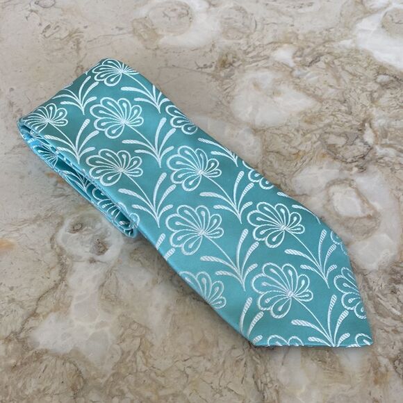 Ted Baker 100% Silk Aqua Blue & White Floral Tie - Picture 3 of 9